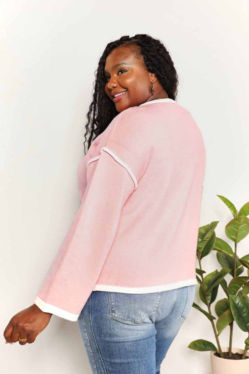 Double Take Contrast Detail Dropped Shoulder Knit Top - LISA MARIE BOUTIQUE