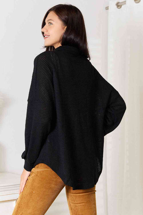 Double Take Waffle-Knit Collared Neck Dropped Shoulder Shirt - LISA MARIE BOUTIQUE