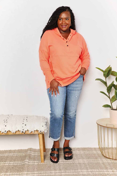 Double Take Quarter-Snap Dropped Shoulder Hoodie - LISA MARIE BOUTIQUE