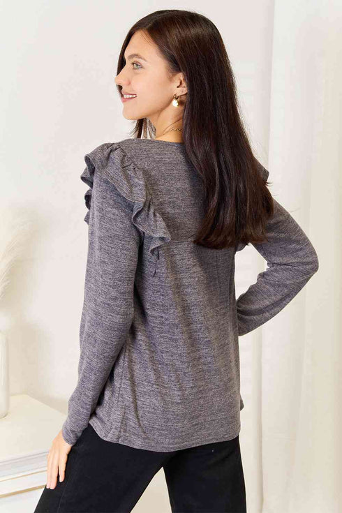 Double Take Square Neck Ruffle Shoulder Long Sleeve T-Shirt - LISA MARIE BOUTIQUE