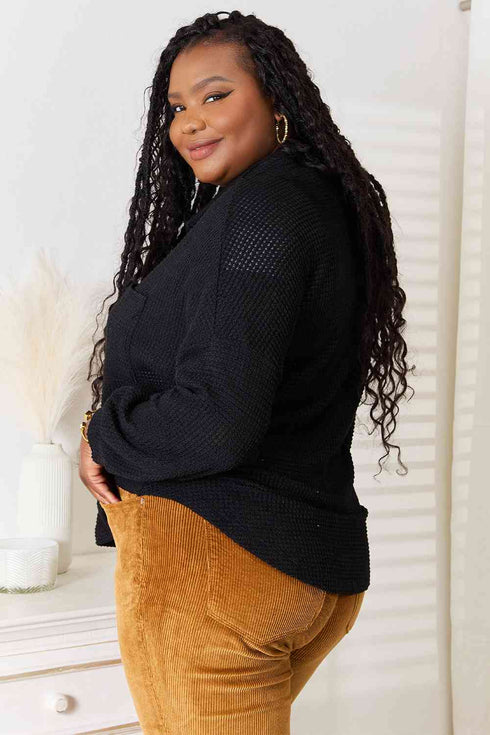 Double Take Waffle-Knit Collared Neck Dropped Shoulder Shirt - LISA MARIE BOUTIQUE