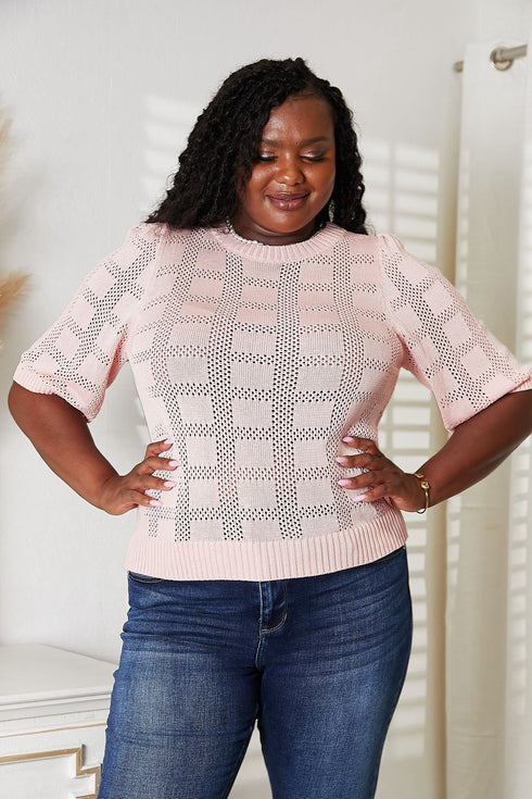 Double Take Ribbed Trim Round Neck Knit Top - LISA MARIE BOUTIQUE