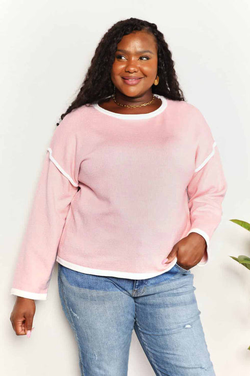 Double Take Contrast Detail Dropped Shoulder Knit Top - LISA MARIE BOUTIQUE