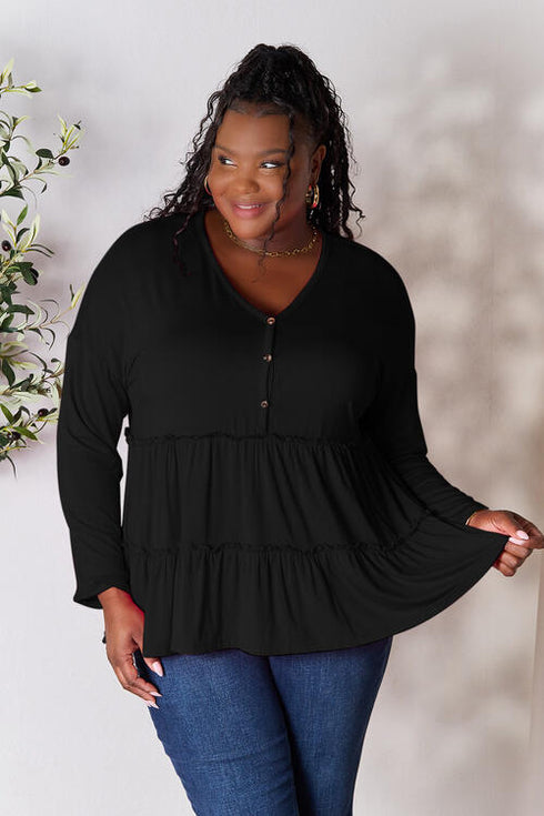 Half Button Long Sleeve Ruffle Hem Blouse - LISA MARIE BOUTIQUE
