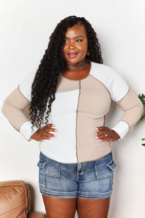 Double Take Color Block Exposed Seam Top - LISA MARIE BOUTIQUE