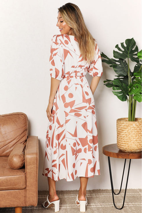 Double Take Printed Surplice Balloon Sleeve Dress - LISA MARIE BOUTIQUE