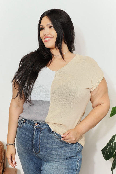 Double Take Color Block V-Neck Knit Top - LISA MARIE BOUTIQUE