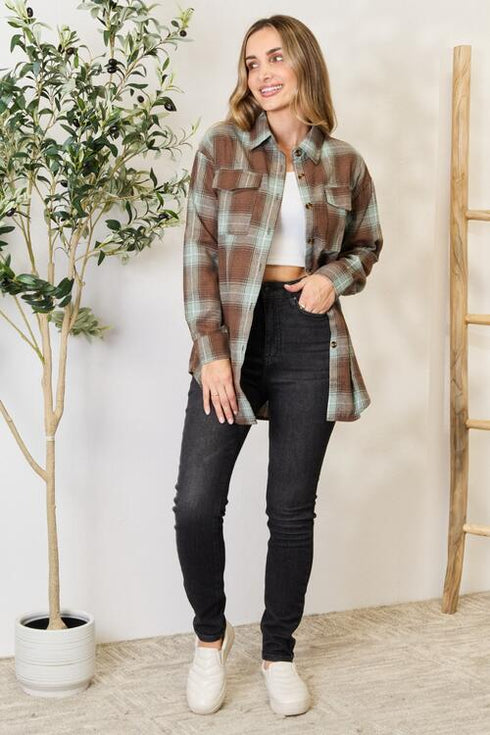 Double Take Plaid Dropped Shoulder Shirt - LISA MARIE BOUTIQUE