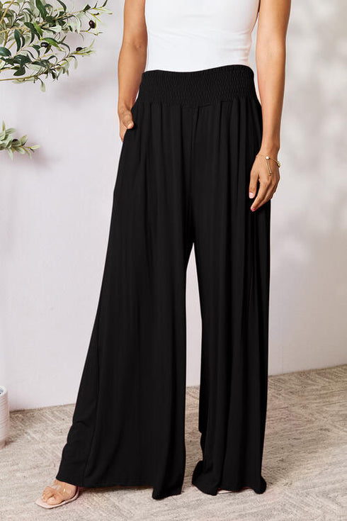 Double Take Full Size Smocked Wide Waistband Wide Leg Pants - LISA MARIE BOUTIQUE