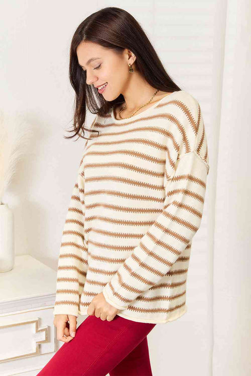 Double Take Striped Boat Neck Sweater - LISA MARIE BOUTIQUE