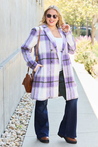 Plaid Button Up Lapel Collar Coat - LISA MARIE BOUTIQUE