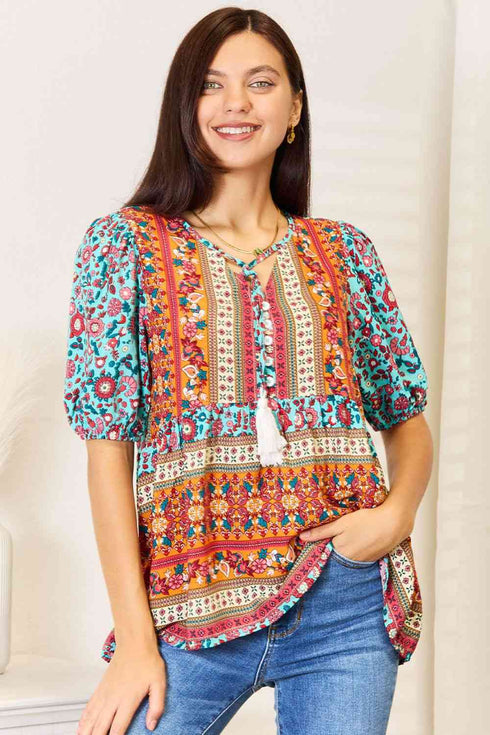 Double Take Bohemian Tassel Tie Puff Sleeve Babydoll Blouse - LISA MARIE BOUTIQUE