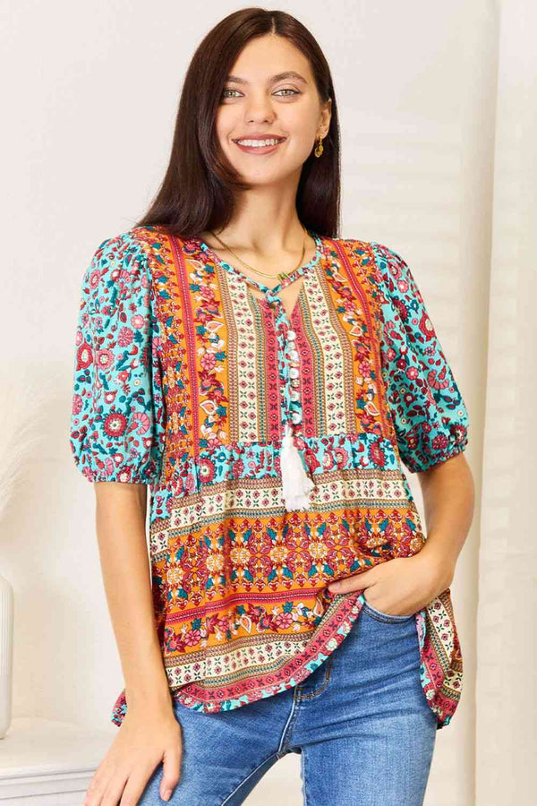 Double Take Bohemian Tassel Tie Puff Sleeve Babydoll Blouse - LISA MARIE BOUTIQUE