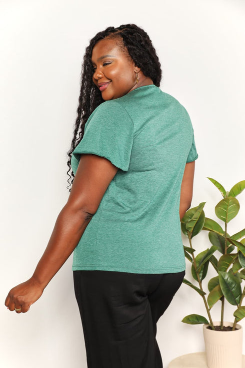 Double Take Ruched V-Neck Short Sleeve T-Shirt - LISA MARIE BOUTIQUE