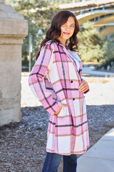 Plaid Button Up Lapel Collar Coat - LISA MARIE BOUTIQUE