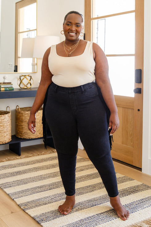 Hilary Side Fringe Skinny Jegging In Black - LISA MARIE BOUTIQUE