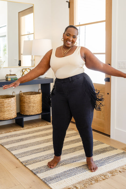 Hilary Side Fringe Skinny Jegging In Black - LISA MARIE BOUTIQUE