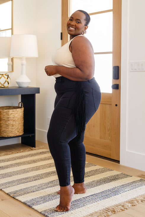 Hilary Side Fringe Skinny Jegging In Black - LISA MARIE BOUTIQUE
