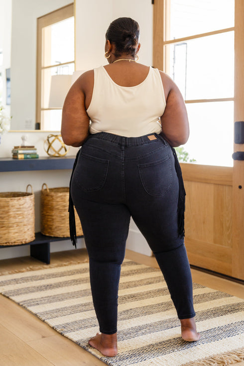 Hilary Side Fringe Skinny Jegging In Black - LISA MARIE BOUTIQUE