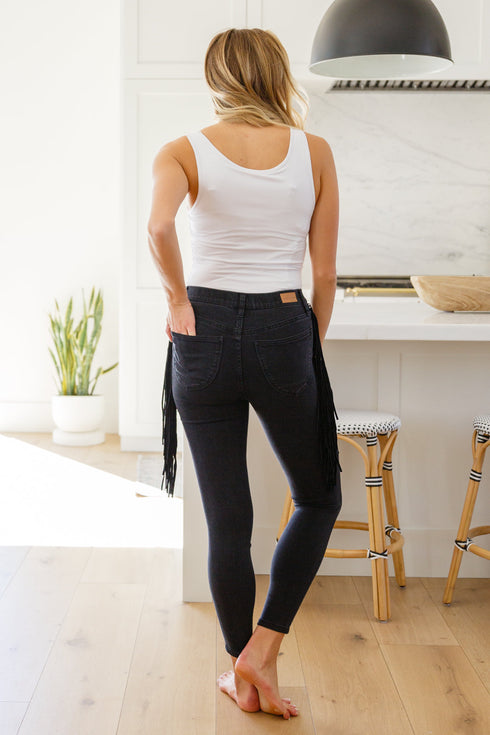 Hilary Side Fringe Skinny Jegging In Black - LISA MARIE BOUTIQUE