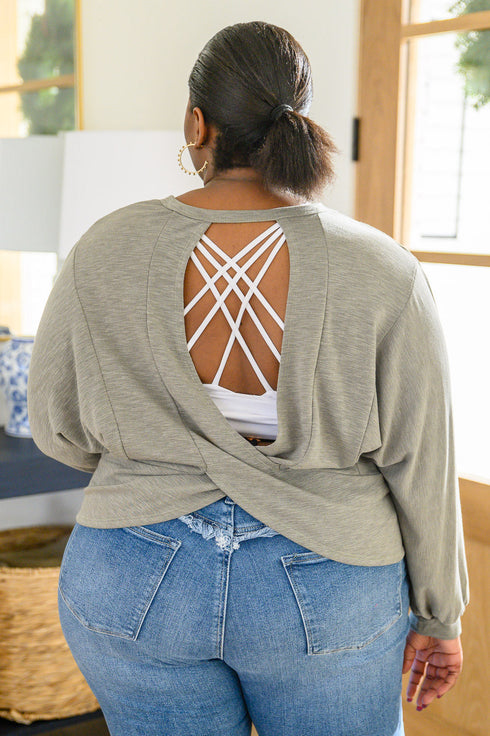 Long Sleeve Solid Knit Open Back Top In Olive - LISA MARIE BOUTIQUE