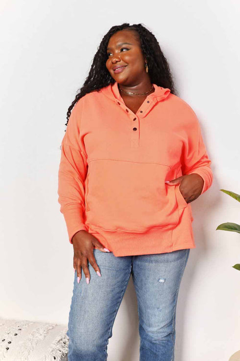 Double Take Quarter-Snap Dropped Shoulder Hoodie - LISA MARIE BOUTIQUE