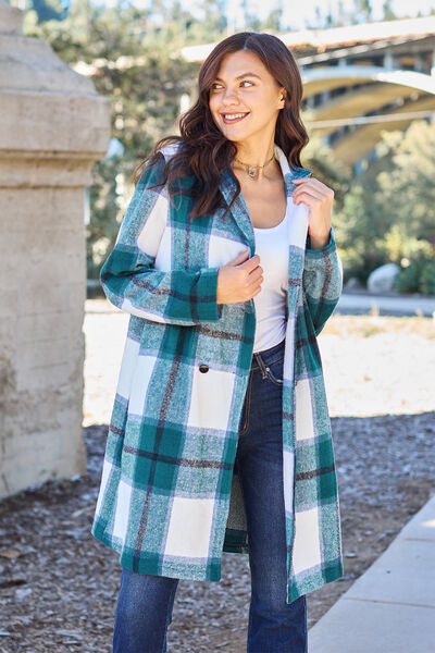 Plaid Button Up Lapel Collar Coat - LISA MARIE BOUTIQUE