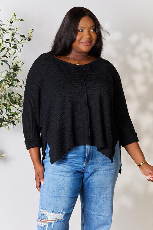 Zenana Round Neck High-Low Slit Knit Top - LISA MARIE BOUTIQUE