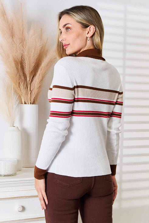 Basic Bae Striped Collared Neck Rib-Knit Top - LISA MARIE BOUTIQUE