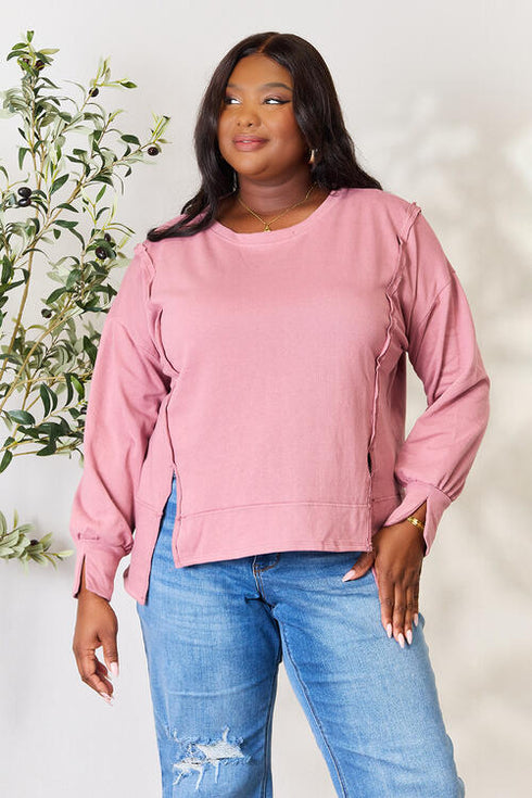 Culture Code Round Neck Exposed Seam Slit Top - LISA MARIE BOUTIQUE