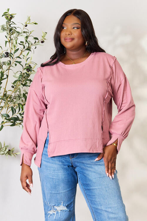 Culture Code Round Neck Exposed Seam Slit Top - LISA MARIE BOUTIQUE