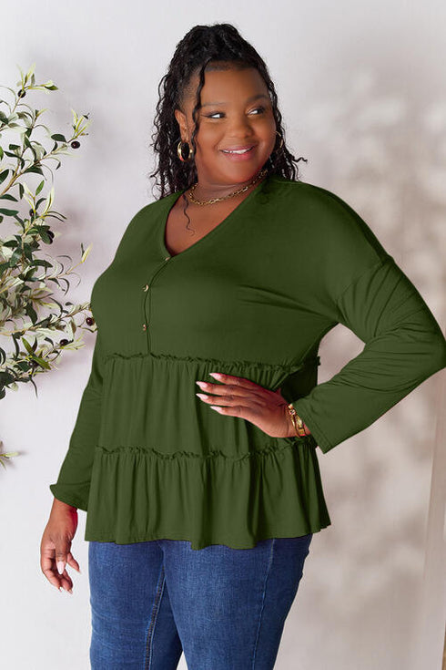Half Button Long Sleeve Ruffle Hem Blouse - LISA MARIE BOUTIQUE