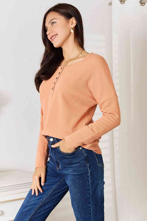 Basic Bae Half Button Long Sleeve Top - LISA MARIE BOUTIQUE