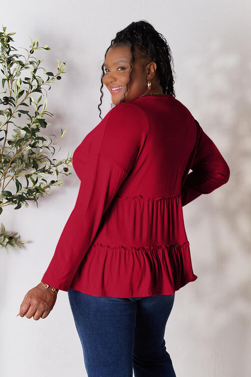 Half Button Long Sleeve Ruffle Hem Blouse - LISA MARIE BOUTIQUE