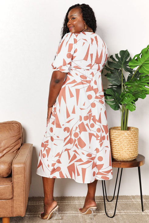 Double Take Printed Surplice Balloon Sleeve Dress - LISA MARIE BOUTIQUE