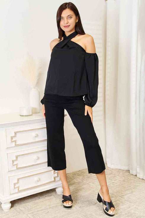 Double Take Grecian Cold Shoulder Long Sleeve Blouse - LISA MARIE BOUTIQUE