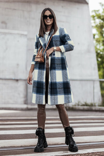 Plaid Button Up Lapel Collar Coat - LISA MARIE BOUTIQUE