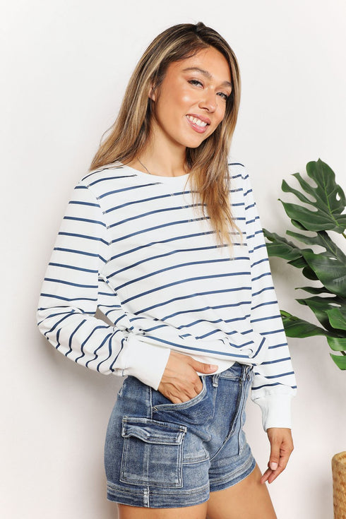 Double Take Striped Long Sleeve Round Neck Top - LISA MARIE BOUTIQUE