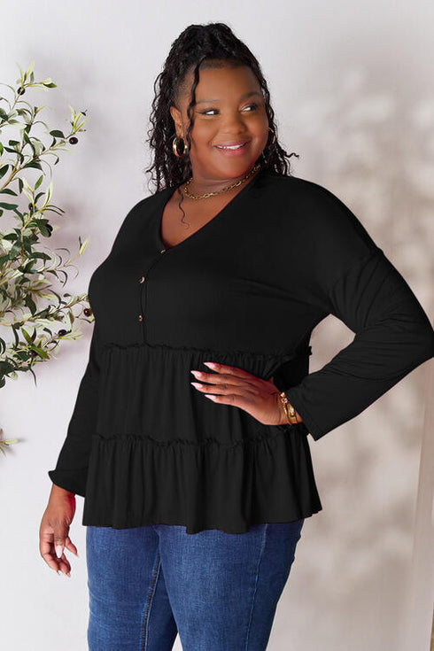 Half Button Long Sleeve Ruffle Hem Blouse - LISA MARIE BOUTIQUE