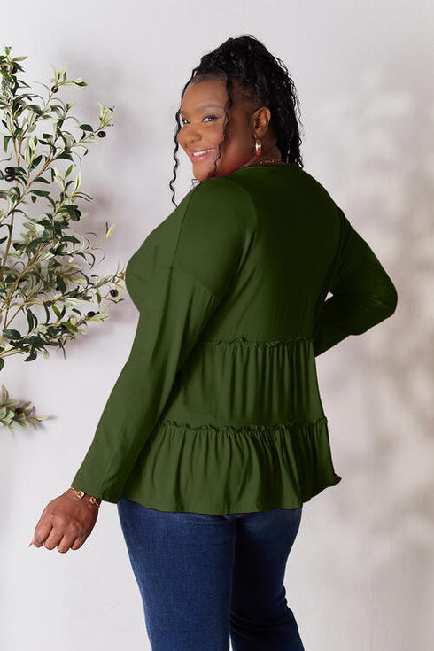 Half Button Long Sleeve Ruffle Hem Blouse - LISA MARIE BOUTIQUE