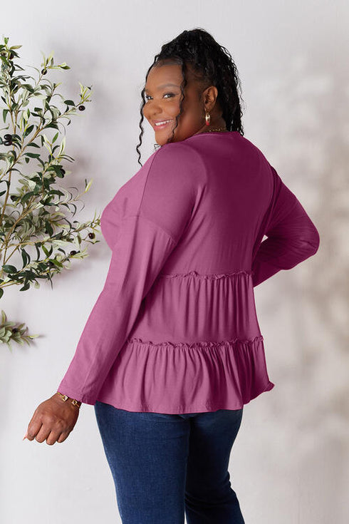 Half Button Long Sleeve Ruffle Hem Blouse - LISA MARIE BOUTIQUE