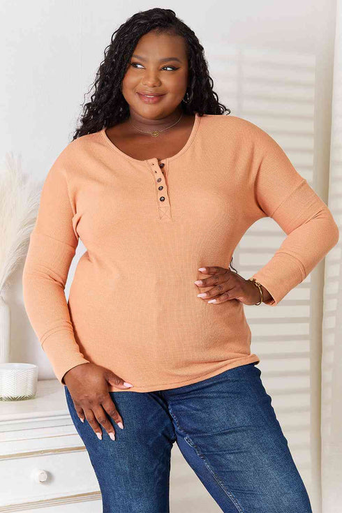 Basic Bae Half Button Long Sleeve Top - LISA MARIE BOUTIQUE