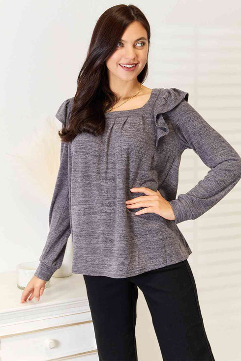 Double Take Square Neck Ruffle Shoulder Long Sleeve T-Shirt - LISA MARIE BOUTIQUE