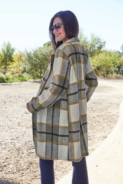 Plaid Button Up Lapel Collar Coat - LISA MARIE BOUTIQUE