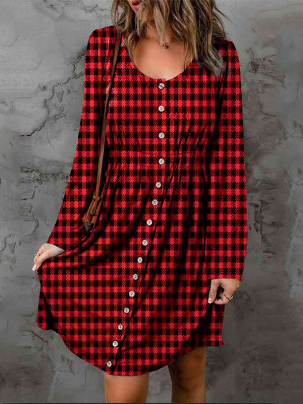 Plaid Round Neck Long Sleeve Magic Dress - LISA MARIE BOUTIQUE