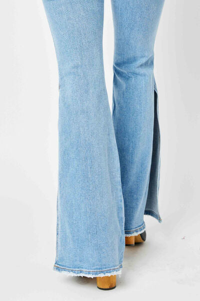 Judy Blue Full Size Mid Rise Raw Hem Slit Flare Jeans - LISA MARIE BOUTIQUE