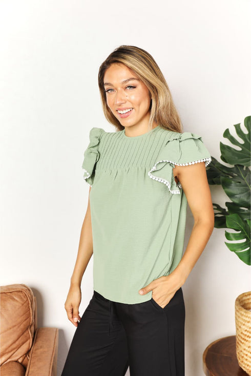 Double Take Pleated Detail Flutter Sleeve Blouse - LISA MARIE BOUTIQUE