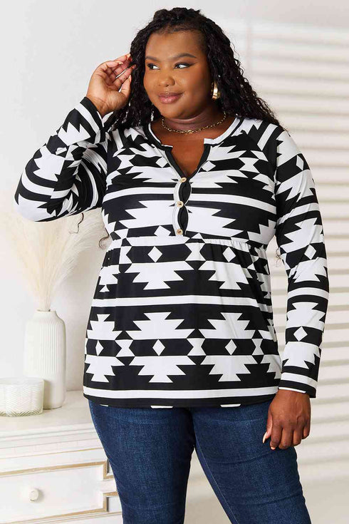Heimish Geometric Notched Neck Long Sleeve Top - LISA MARIE BOUTIQUE