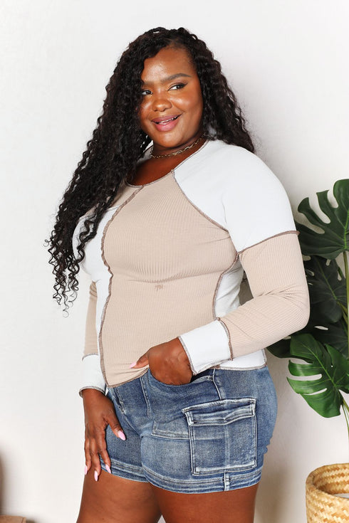 Double Take Color Block Exposed Seam Top - LISA MARIE BOUTIQUE