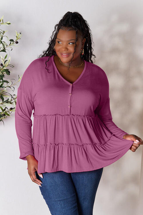 Half Button Long Sleeve Ruffle Hem Blouse - LISA MARIE BOUTIQUE